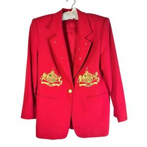 Vintage Harlan Jacket Womens Red Blazer Crest Button Preppy Career Chic Size 8